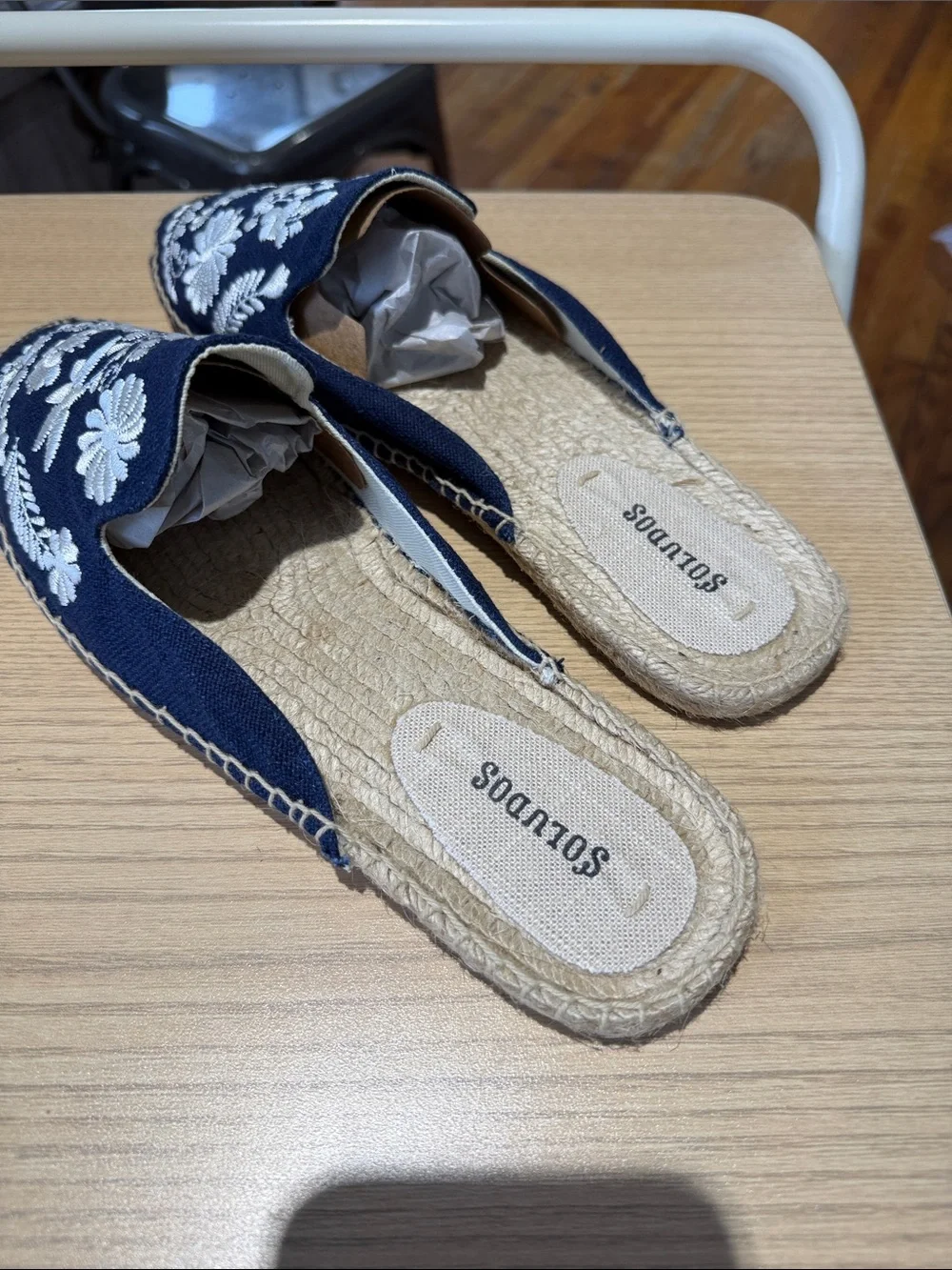 Soludos Navy Espadrille Slip-On Mules with White Floral Embroidery
